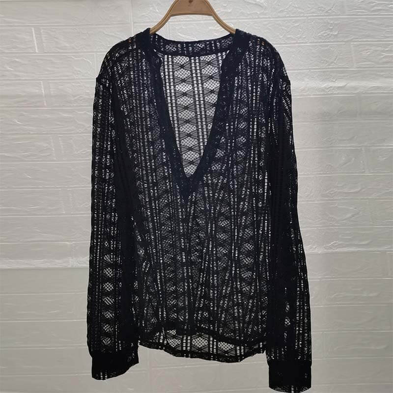 Solid Color V-Neck See-Through Lace Long Sleeve Top