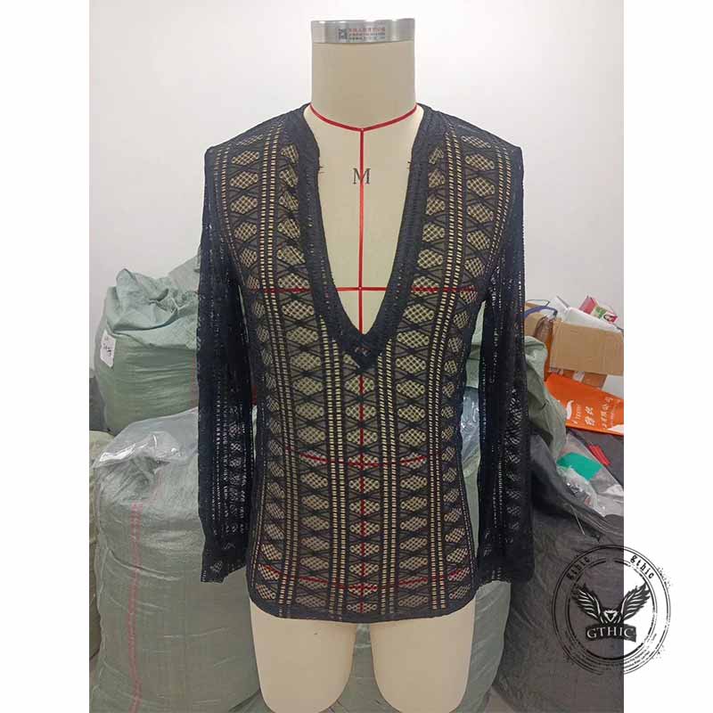 Solid Color V-Neck See-Through Lace Long Sleeve Top