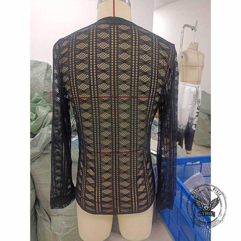 Solid Color V-Neck See-Through Lace Long Sleeve Top