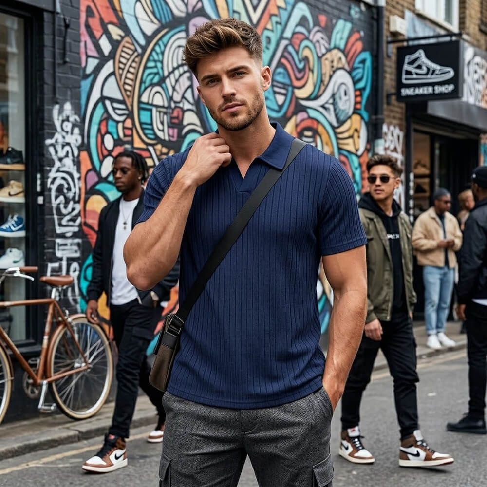 Solid Color Vertical Striped Retro Classy Polo Shirt