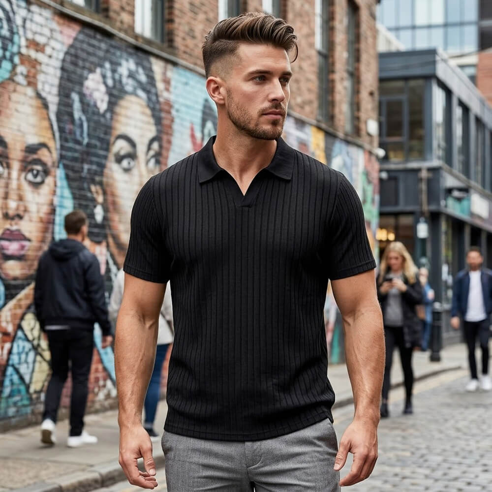 Solid Color Vertical Striped Retro Classy Polo Shirt