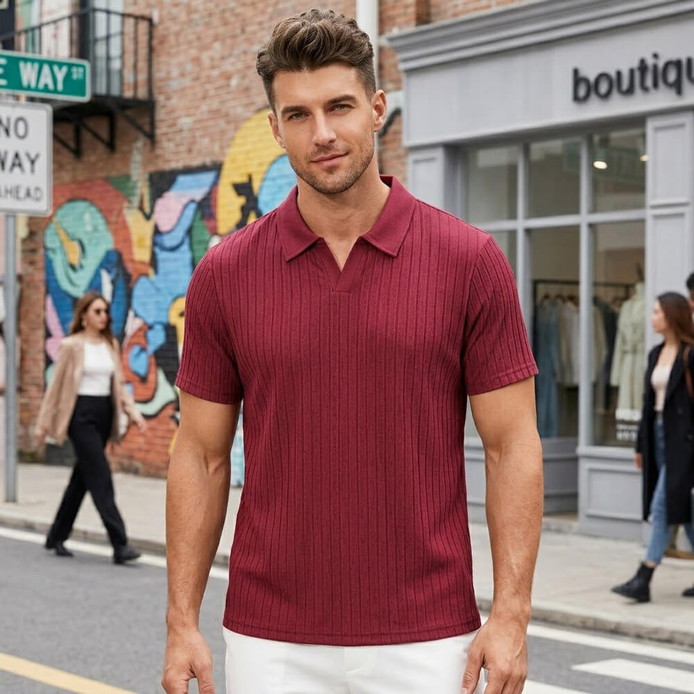 Solid Color Vertical Striped Retro Classy Polo Shirt