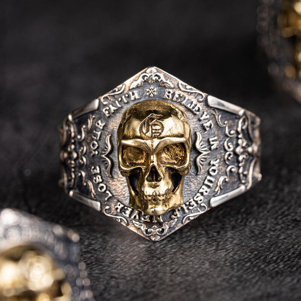 Soul Awakening Skull Sterling Silver Inlaid Brass Open Ring | Gthic.com