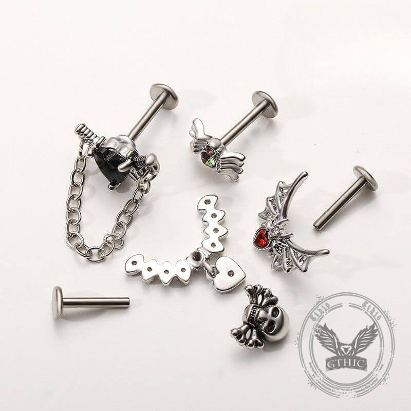 Spider Chain Skull Zircon G23 Titanium Lip Stud Earrings | Gthic.com