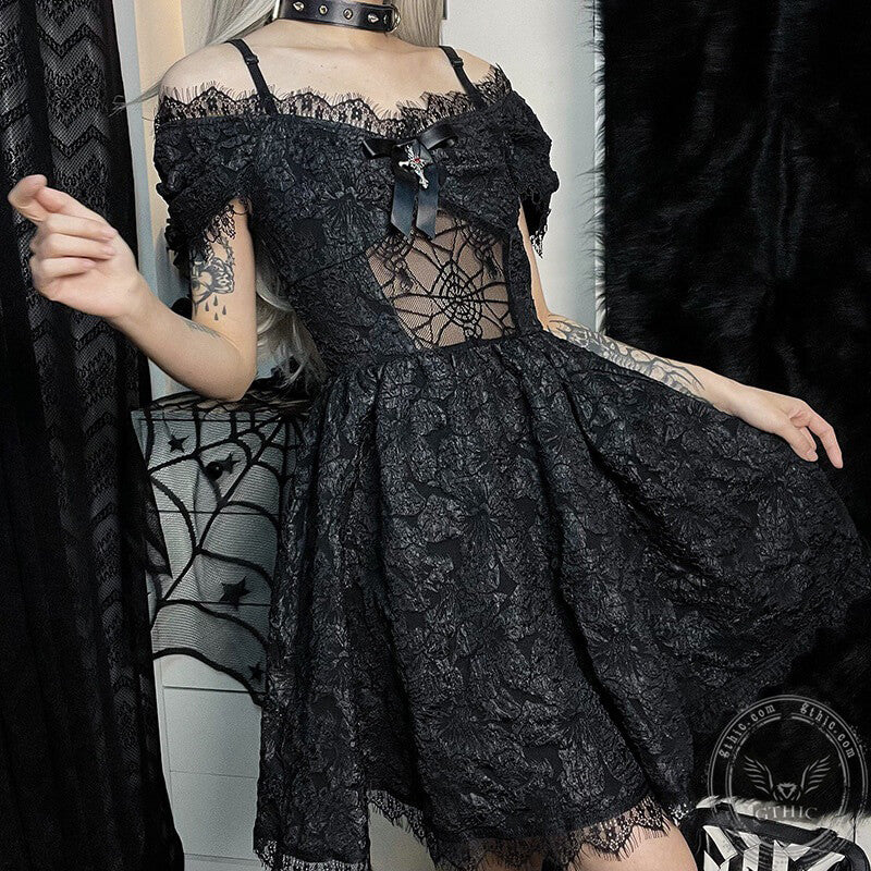 Spider Web Mesh Lolita Gothic Mini Dress, Black / M (Waist 66-74)