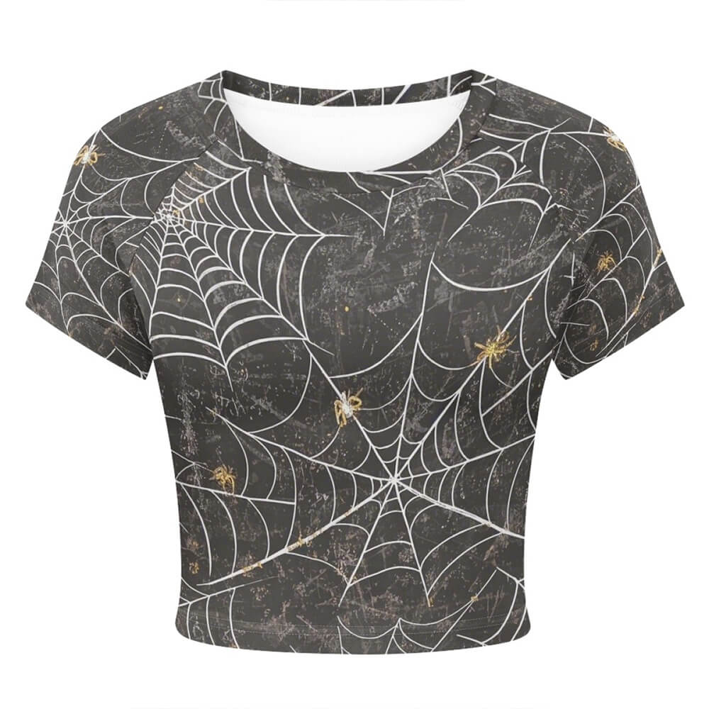 Spider Web Print Tight Navel-Exposed Crop T-Shirt 03 | Gthic.com