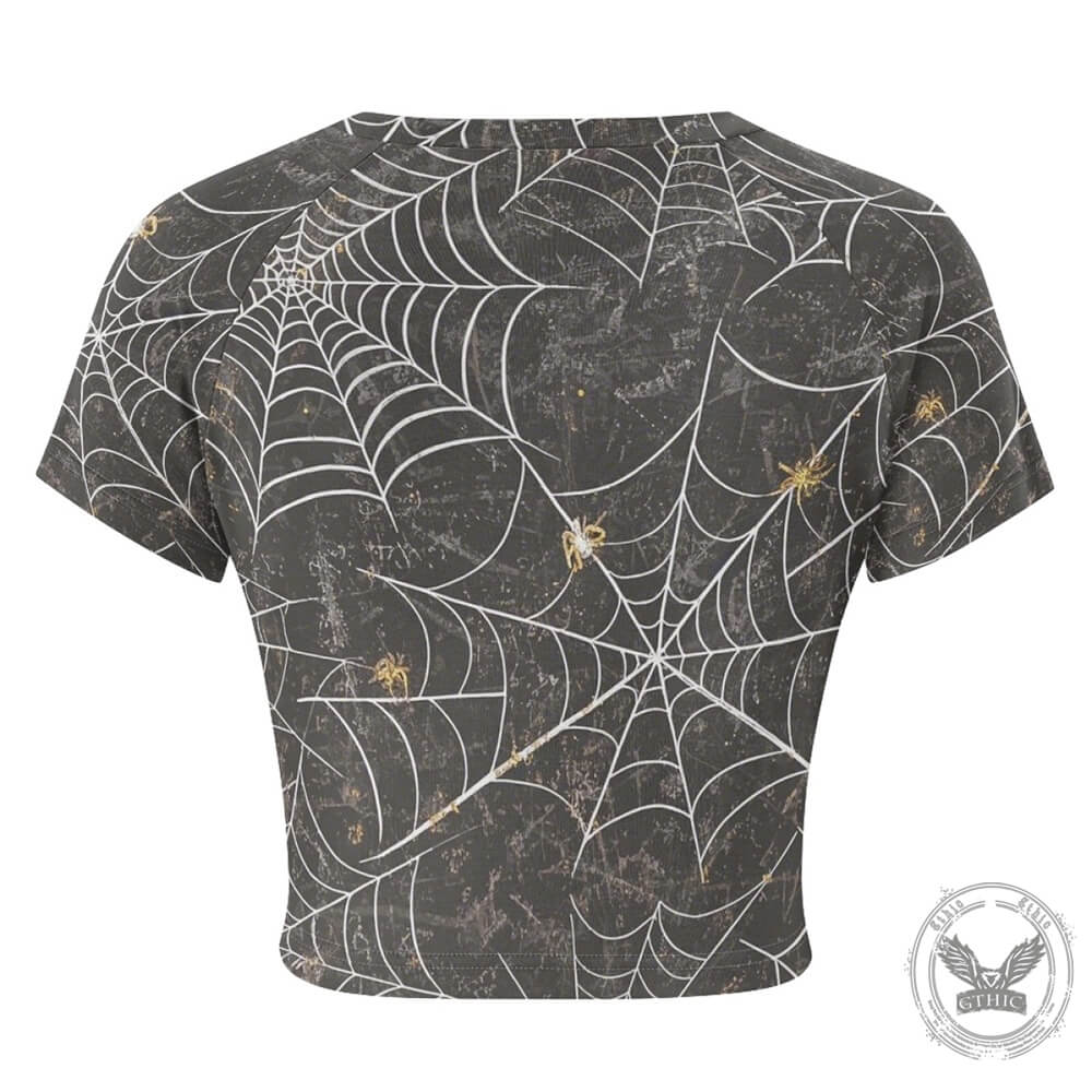 Spider Web Print Tight Navel-Exposed Crop T-Shirt