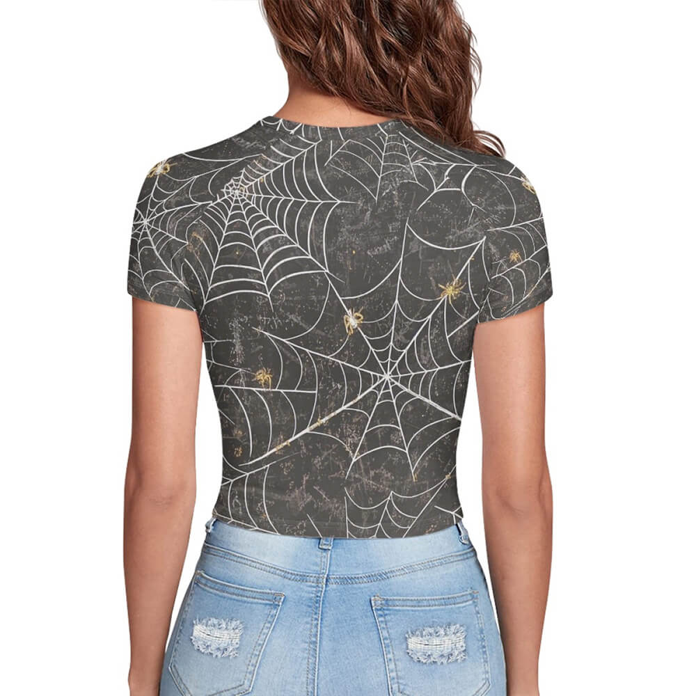 Spider Web Print Tight Navel-Exposed Crop T-Shirt