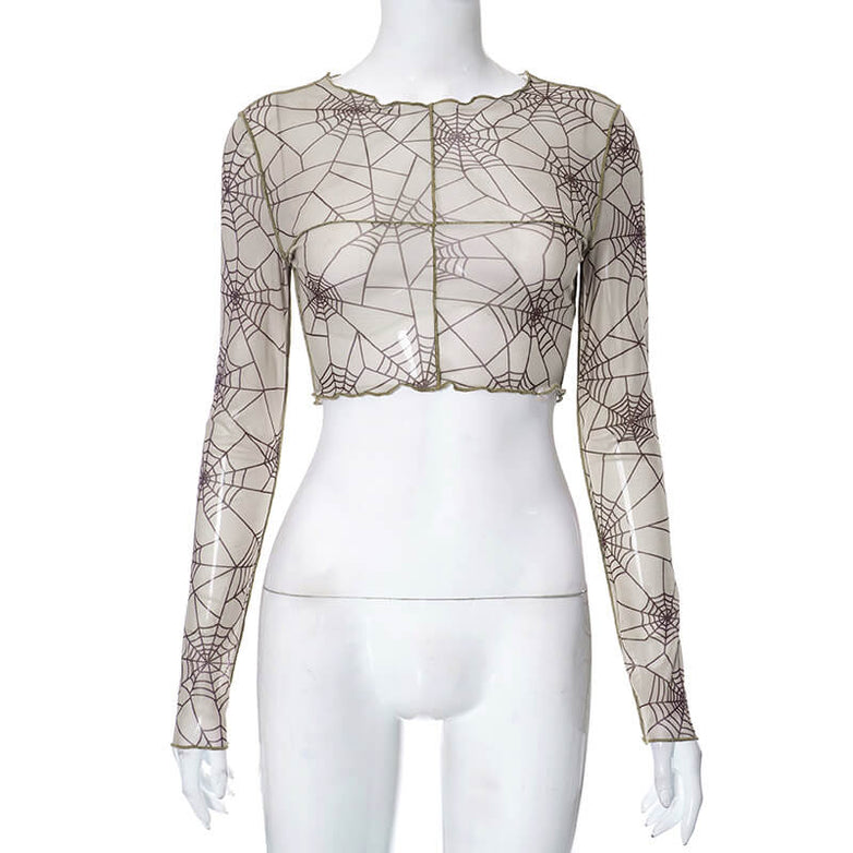  Spider Web Printed See Through Crop Top| Gthic.com