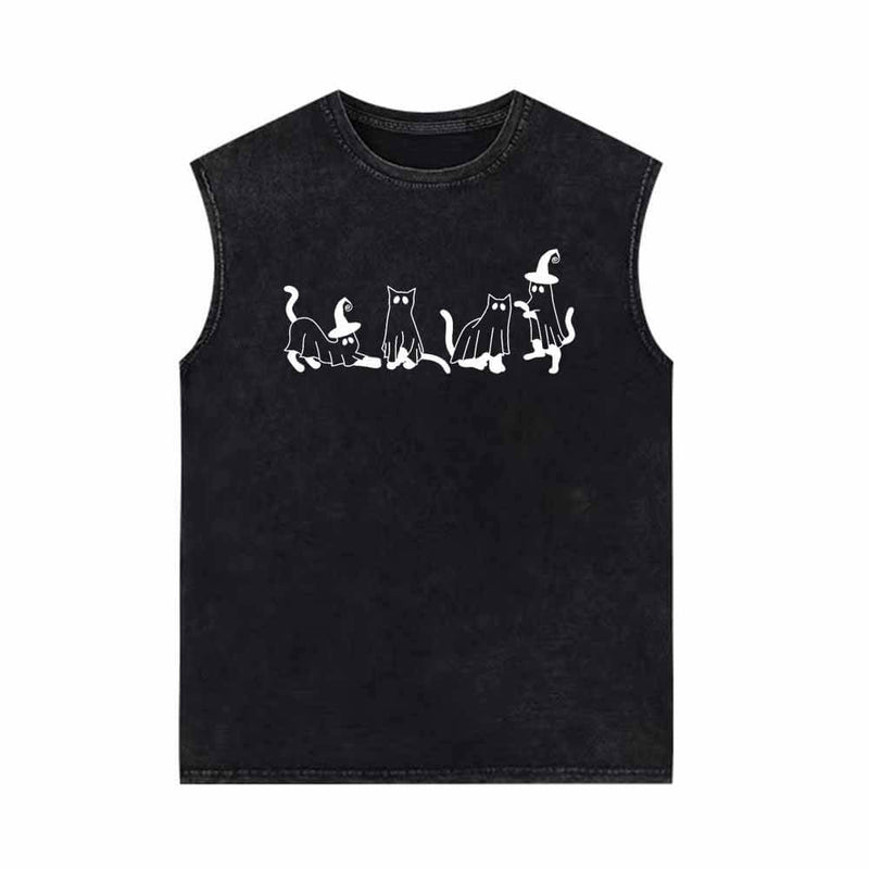 Spooky Ghost Cat Vintage Washed Vest Top 01 | Gthic.com