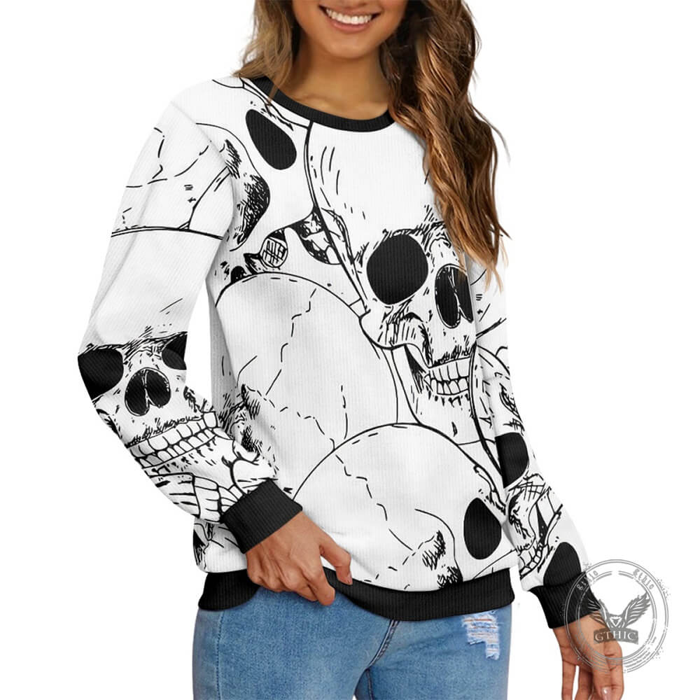 Spooky White Skull Pattern Knitted Pullover Sweatshirt 01 | Gthic.com