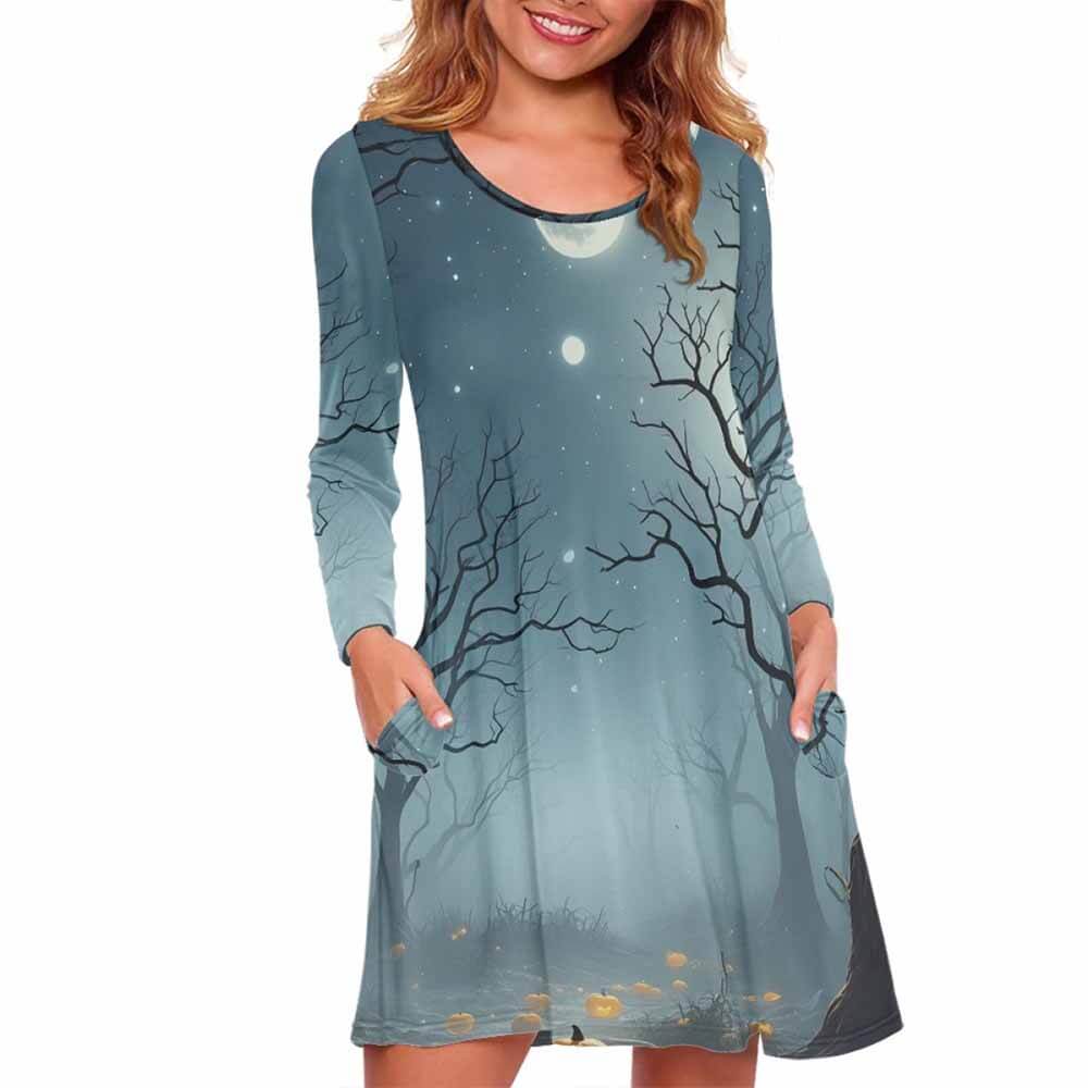 Spooky Forest Pumpkin Head Double Pocket Casual Dress 01 | Gthic.com