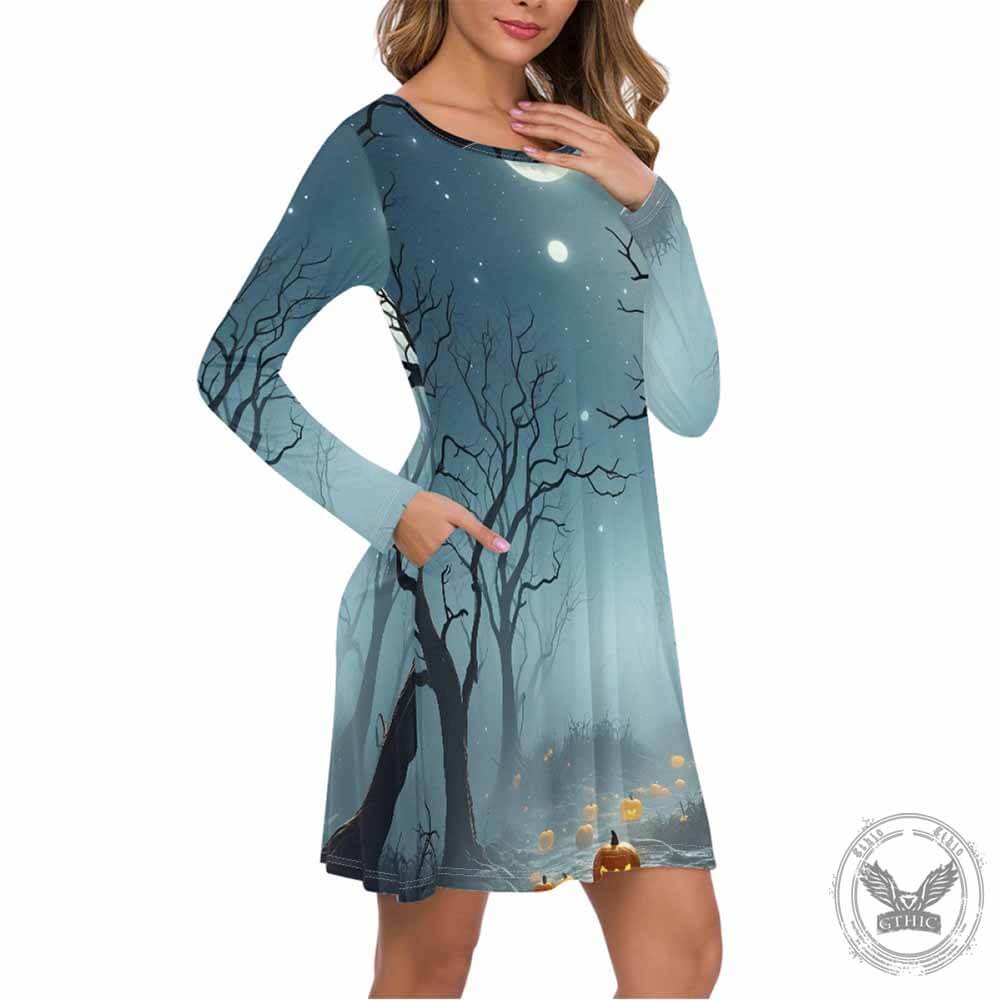 Spooky Forest Pumpkin Head Double Pocket Casual Dress 02 | Gthic.com