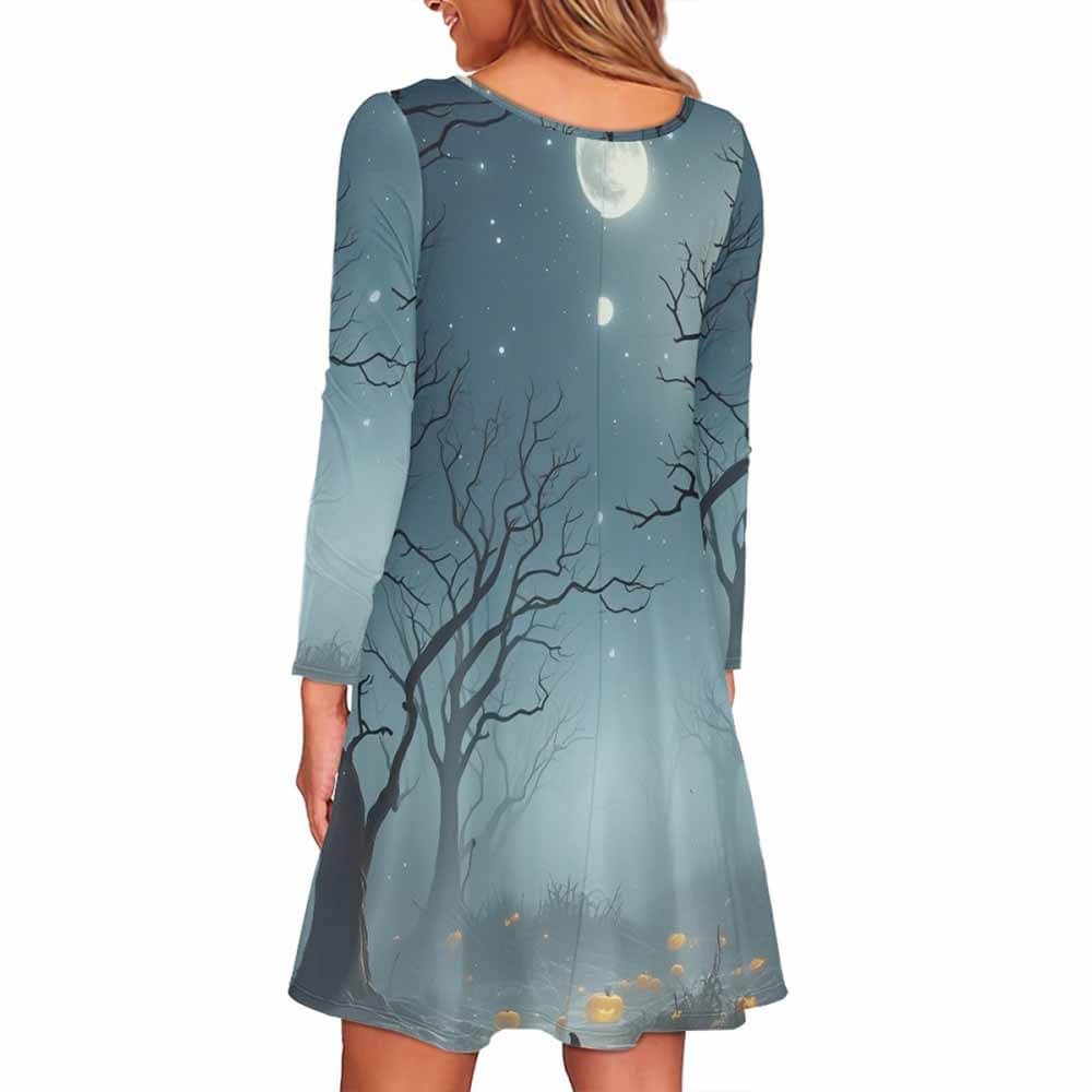 Spooky Forest Pumpkin Head Double Pocket Casual Dress