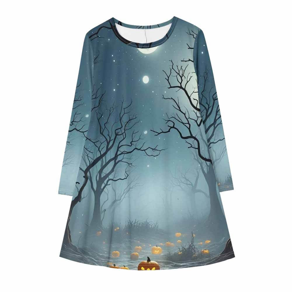 Spooky Forest Pumpkin Head Double Pocket Casual Dress