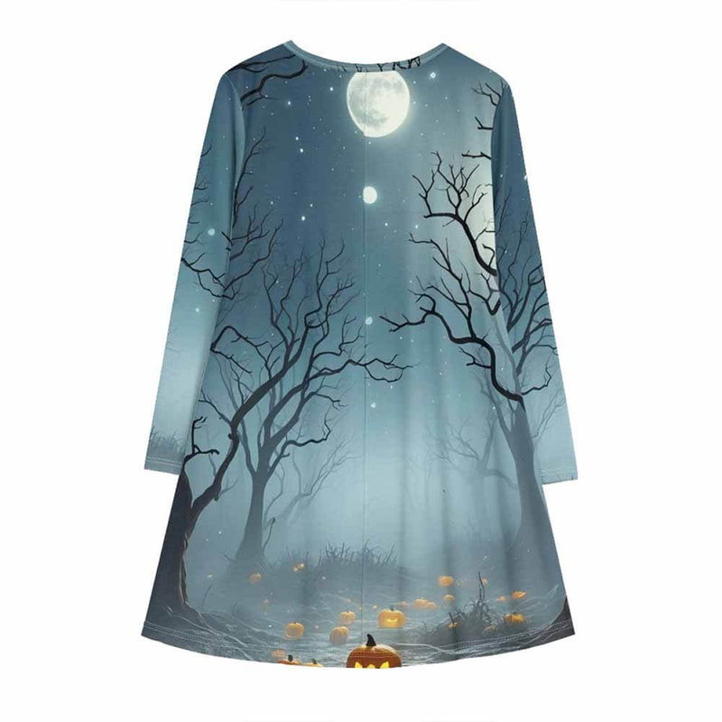 Spooky Forest Pumpkin Head Double Pocket Casual Dress