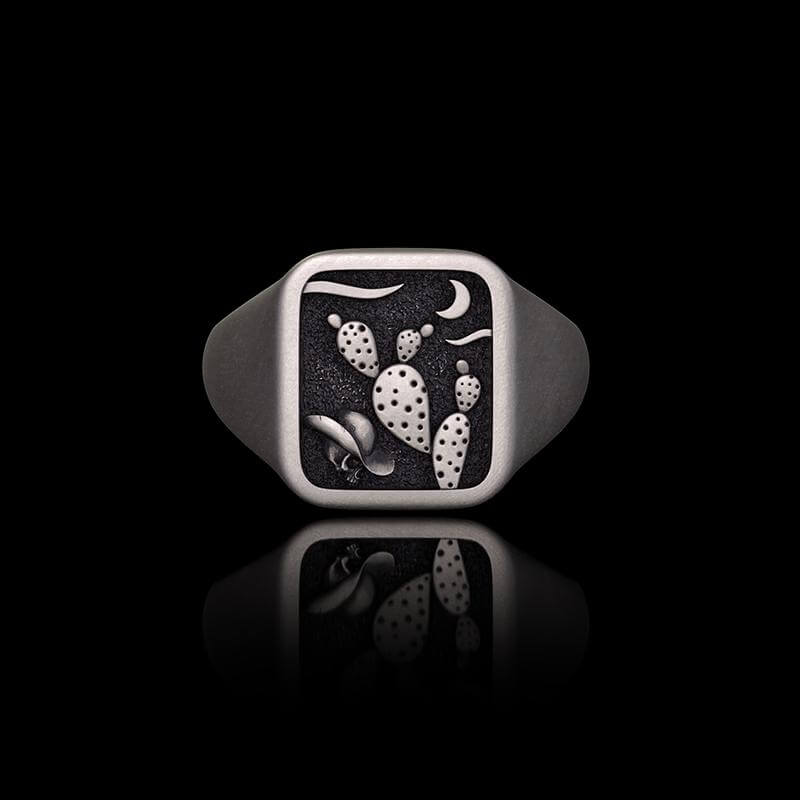 Square Cactus Cowboy Skull Sterling Silver Western Ring 01 | Gthic.com