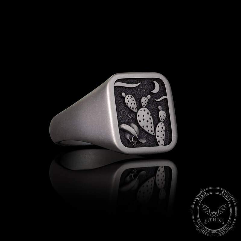 Square Cactus Cowboy Skull Sterling Silver Western Ring 03 | Gthic.com