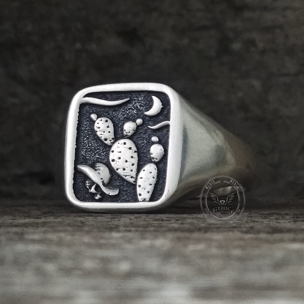 Square Cactus Cowboy Skull Sterling Silver Western Ring | Gthic.com