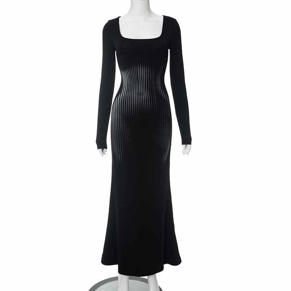 Square Neck Long Sleeve Body Print Slim Dress 02 | Gthic.com
