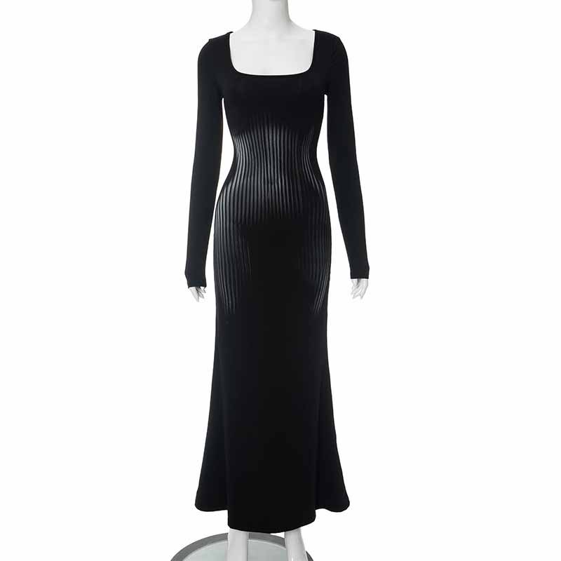 Square Neck Long Sleeve Body Print Slim Dress 02 | Gthic.com