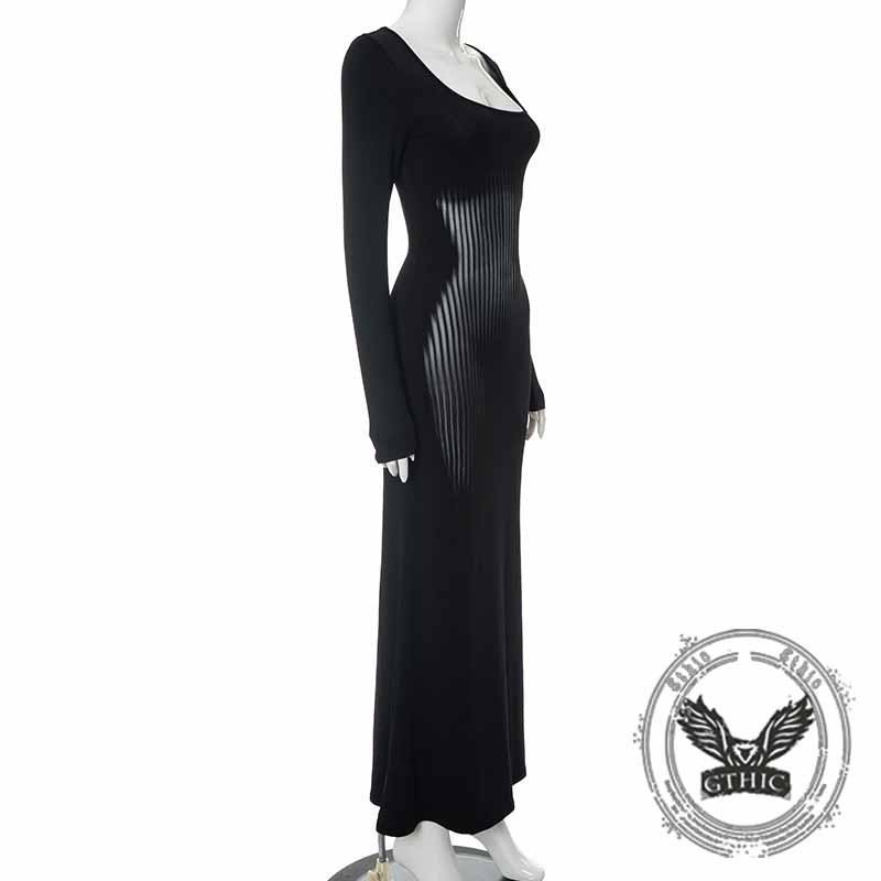 Square Neck Long Sleeve Body Print Slim Dress 03 | Gthic.com