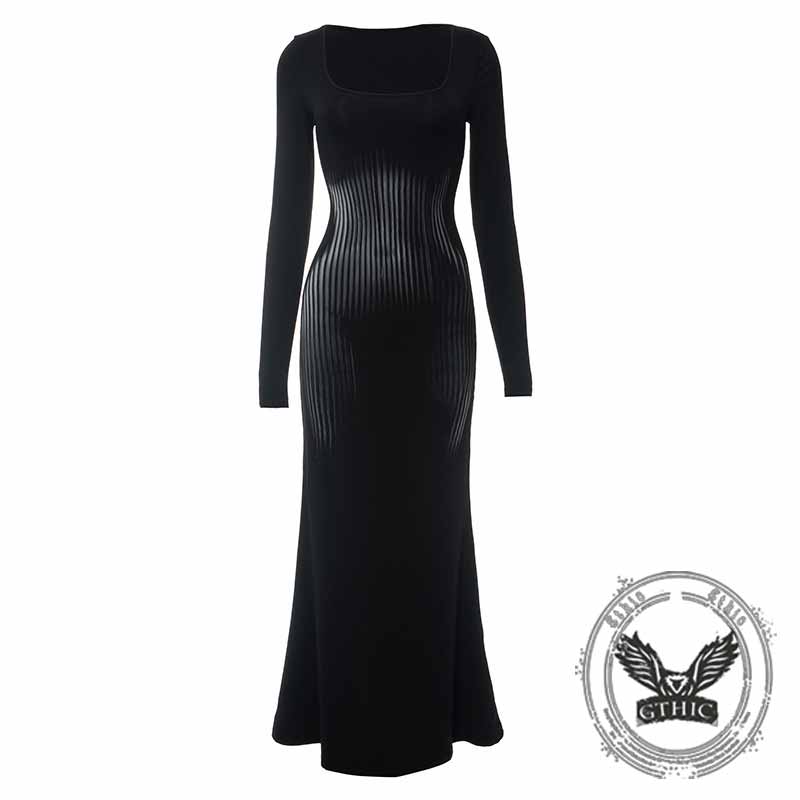Square Neck Long Sleeve Body Print Slim Dress