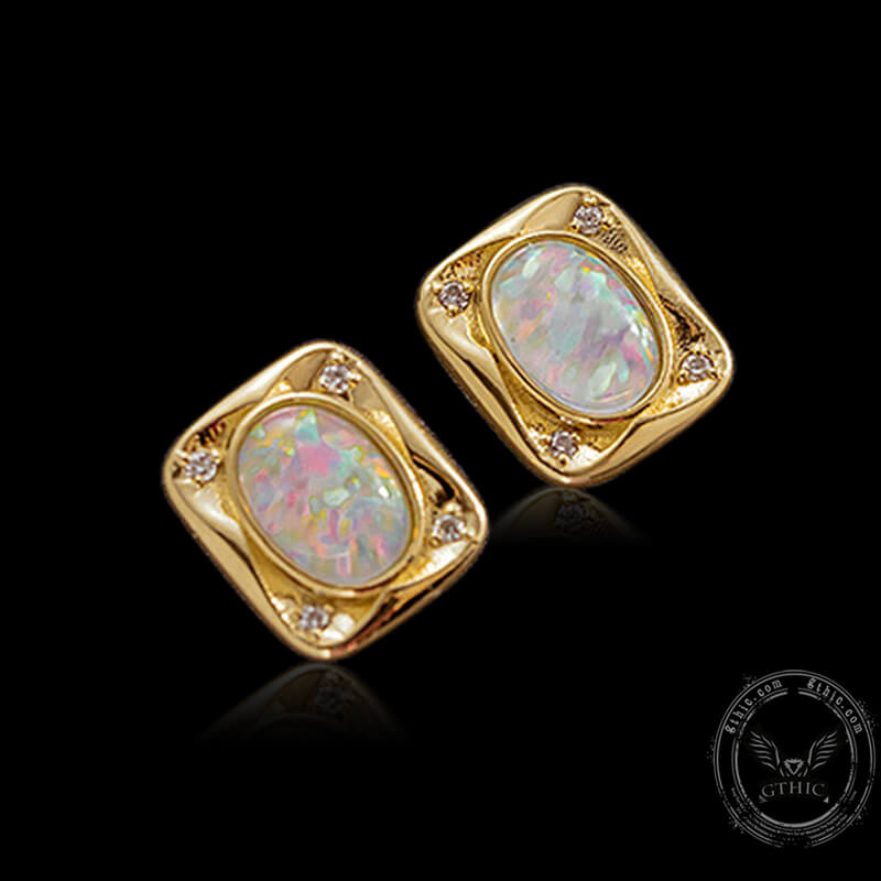 Square Set Oval Opal 14K Gold Stud Earrings | Gthic.com