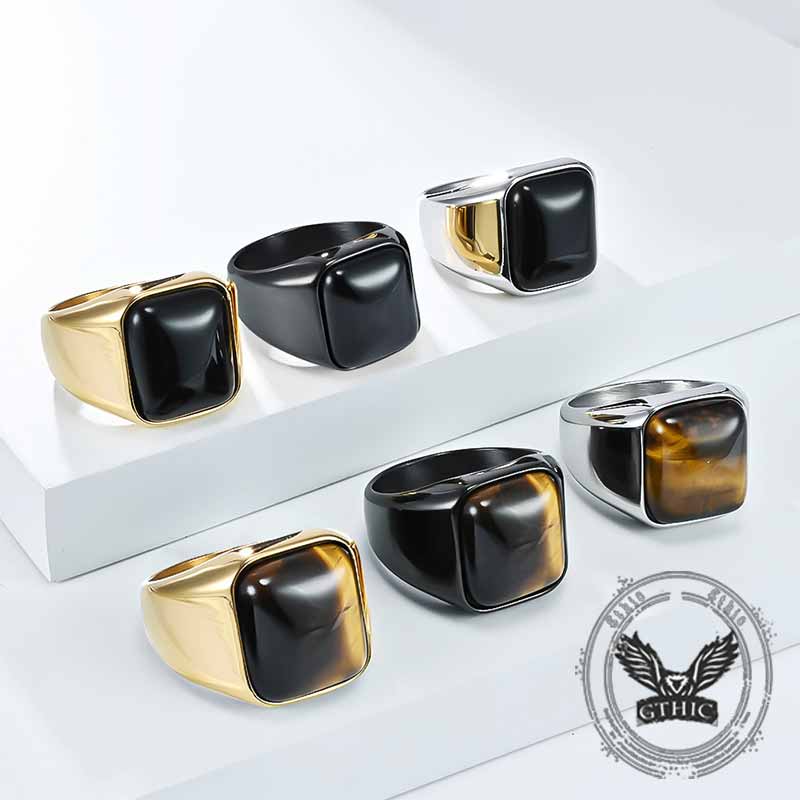 Square Tiger Eye Stone Stainless Steel Ring 01 | Gthic.com