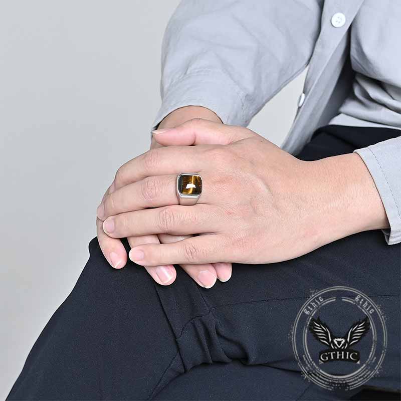 Square Tiger Eye Stone Stainless Steel Ring 02 | Gthic.com
