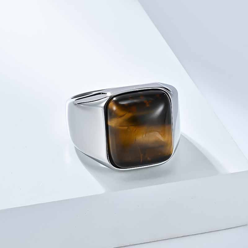 Square Tiger Eye Stone Stainless Steel Ring