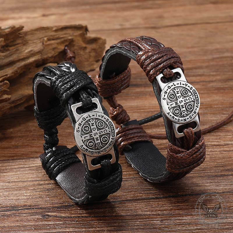 St. Benedict Braided Leather Cross Adjustable Bracelet 01 | Gthic.com