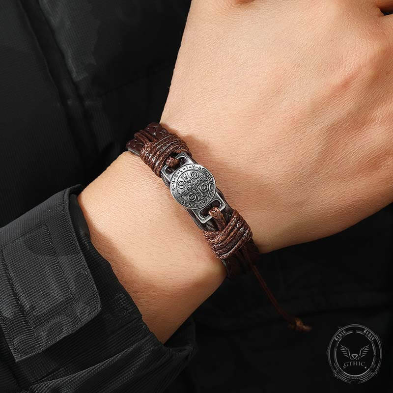 St. Benedict Braided Leather Cross Adjustable Bracelet 02 | Gthic.com