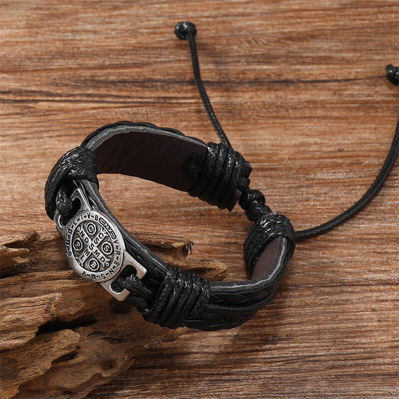 St. Benedict Braided Leather Cross Adjustable Bracelet 03 | Gthic.com