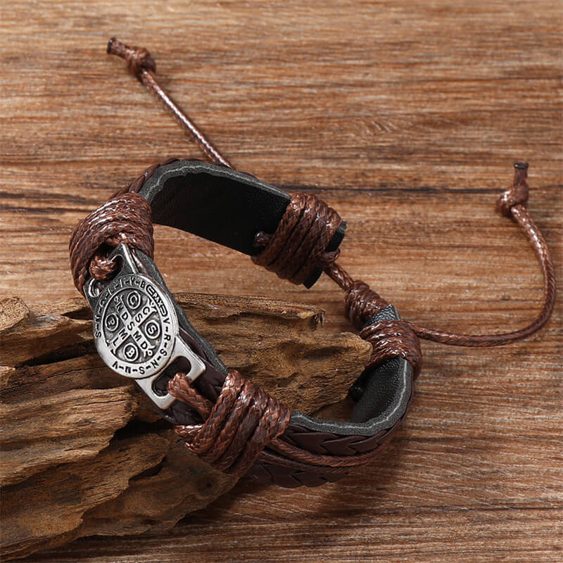 St. Benedict Braided Leather Cross Adjustable Bracelet