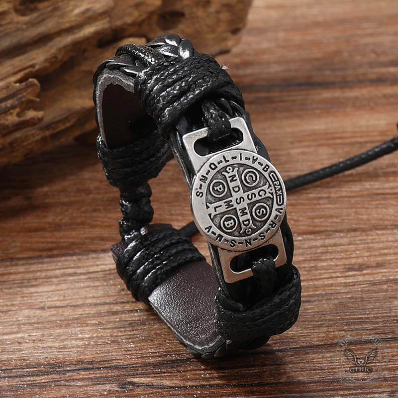 St. Benedict Braided Leather Cross Adjustable Bracelet