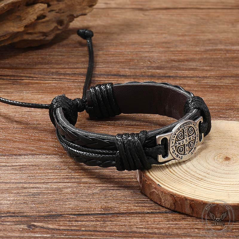 St. Benedict Braided Leather Cross Adjustable Bracelet