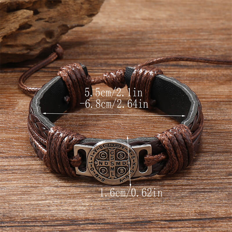 St. Benedict Braided Leather Cross Adjustable Bracelet