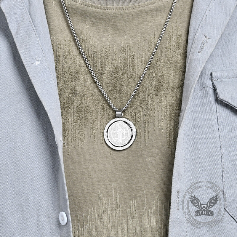 St. Benedict Double-Sided Rotating Stainless Steel Amulet Pendant | Gthic.com