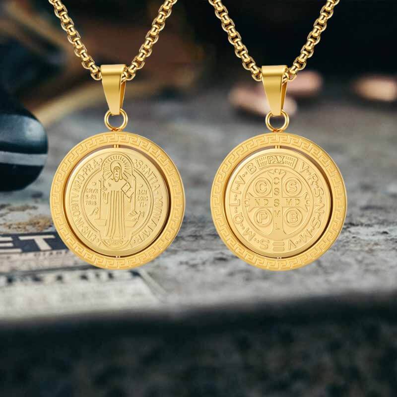 St. Benedict Double-Sided Rotating Stainless Steel Amulet Pendant