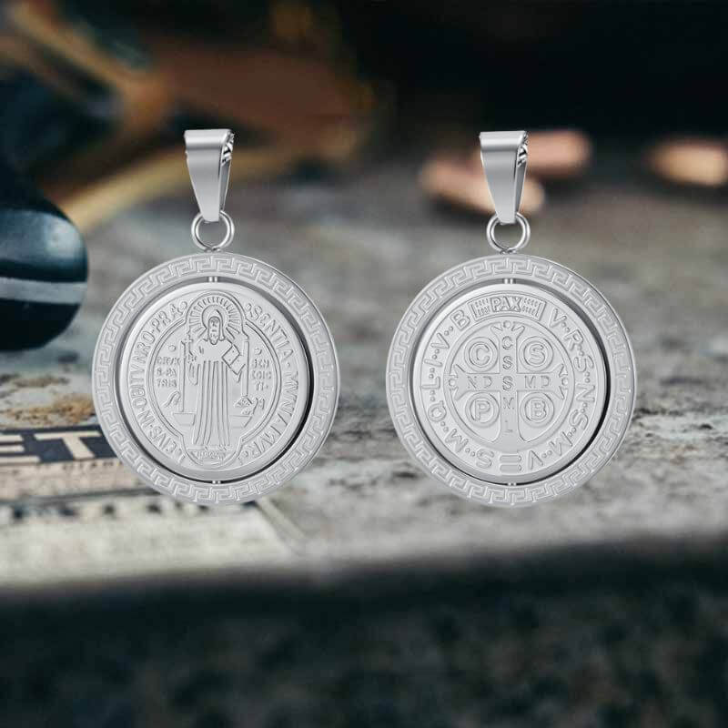 St. Benedict Double-Sided Rotating Stainless Steel Amulet Pendant