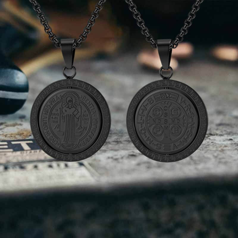 St. Benedict Double-Sided Rotating Stainless Steel Amulet Pendant