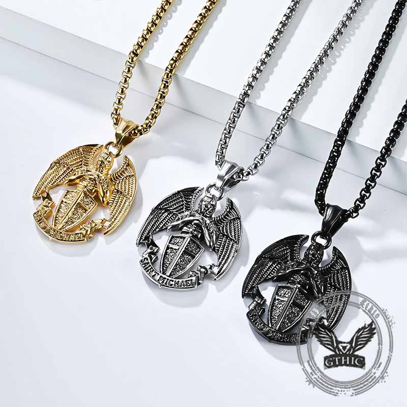 St. Michael Cross Shield Stainless Steel Pendant 01 | Gthic.com