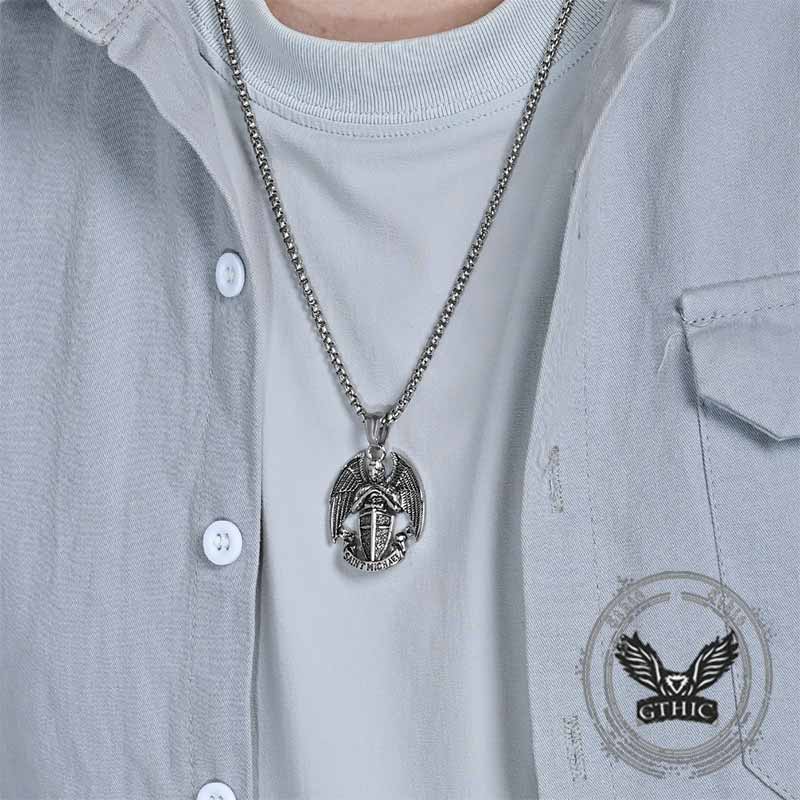 St. Michael Cross Shield Stainless Steel Pendant 02 | Gthic.com