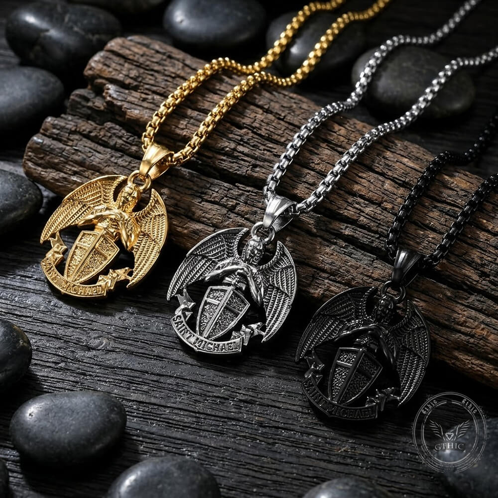 St. Michael Cross Shield Stainless Steel Pendant | Gthic.com