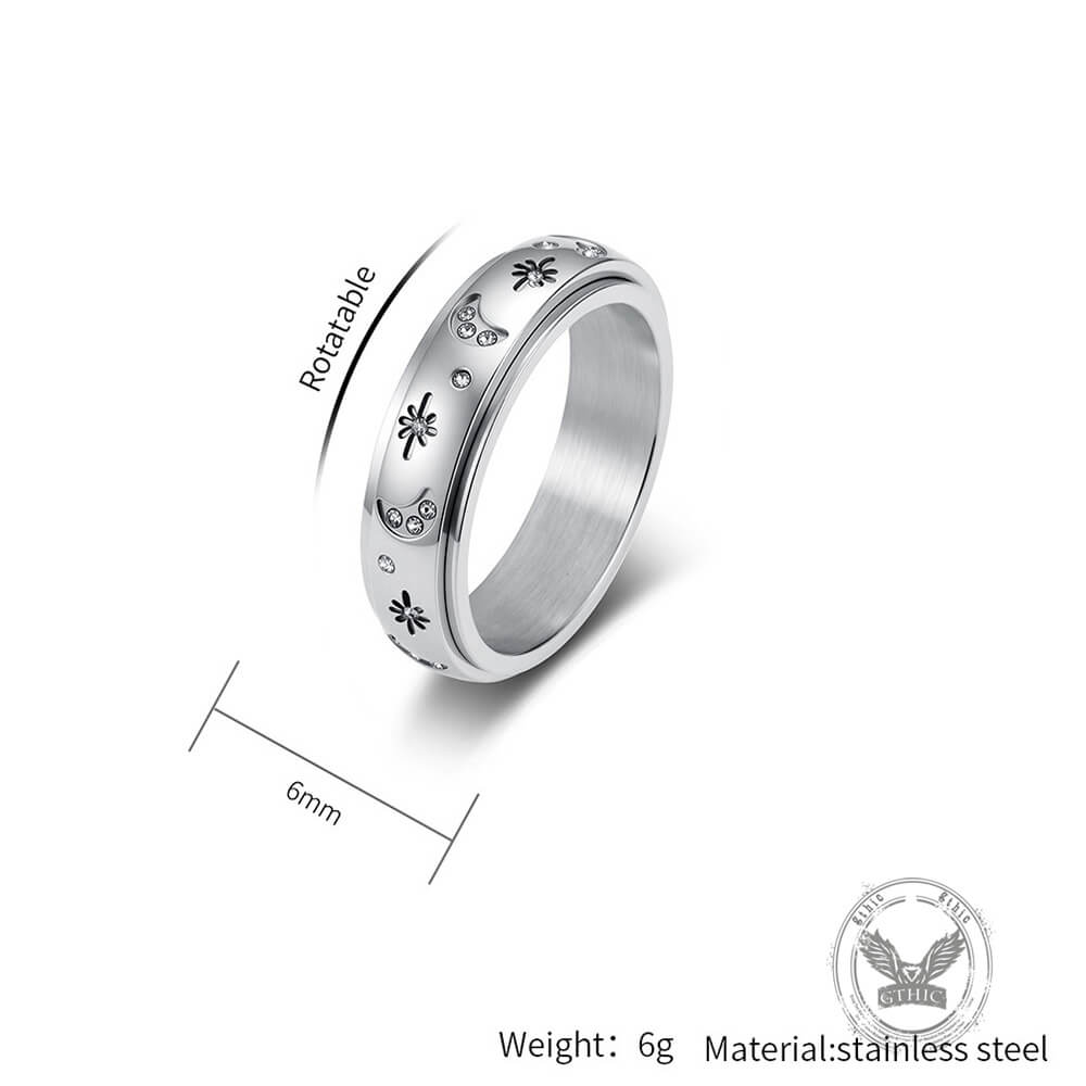 Star And Moon Gem Stainless Steel Spinner Ring