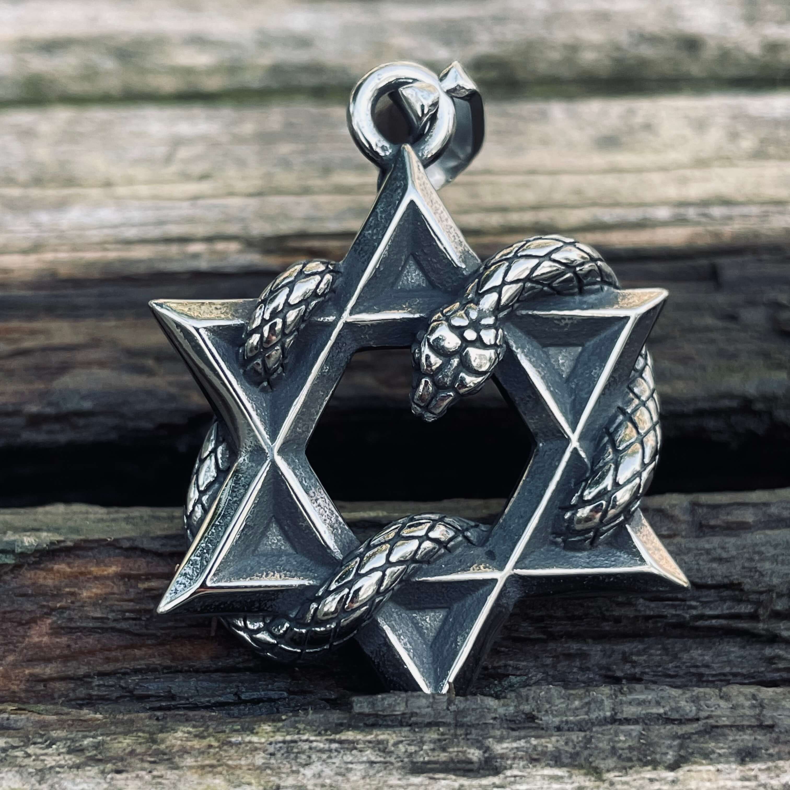 Star Of David Curled Snake Stainless Steel Pendant | Gthic.com