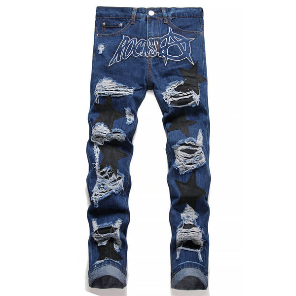 Star Patch Ripped Cotton Pants 01 Blue | Gthic.com
