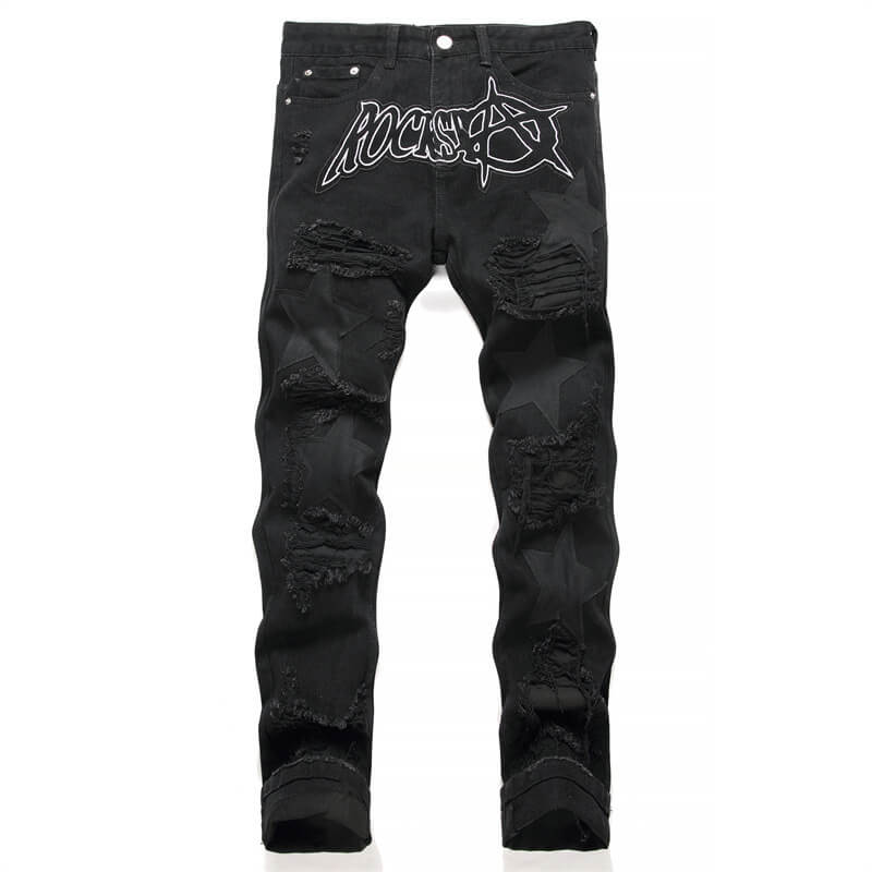 Star Patch Ripped Cotton Pants 03 black | Gthic.com