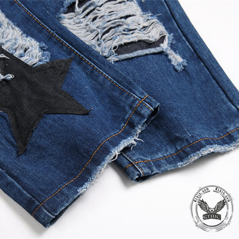 Star Patch Ripped Cotton Pants